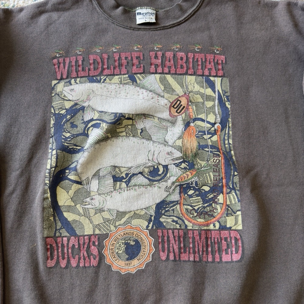 Vintage 90s Ducks Unlimited Wildlife Habitat Crewneck Sweatshirt Brown Large - Picture 2 of 7